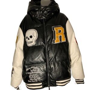 Black & Cream Varsity Leather Hooded Jacket with Patchwork Detail